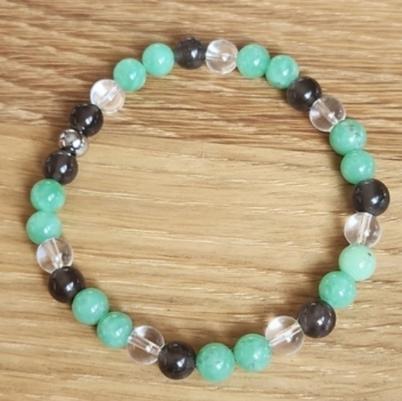 Hand Crafted Jewelry - Green Jade, Clear Quartz & Ice Obsidian Gemstone Beads Bracelet